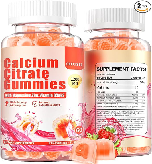 Calcium Citrate Gummies 1200mg for Adults: Ultimate Absorption Calcium Magnesium D3 K2 Supplement for Women & Men - Supports B0ne Strength, Immune(120Count)