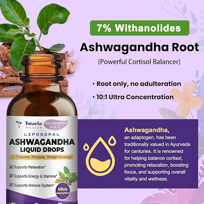Liposomal Ashwagandha Liquid Drops (7% Withanolides) w/Soursop Bitters, L-Theanine, Magnesium, Shilajit, Maximum Absorption, Natural Energy, Cortisol Health for Women & Men, Non-GMO, 2 Fl Oz