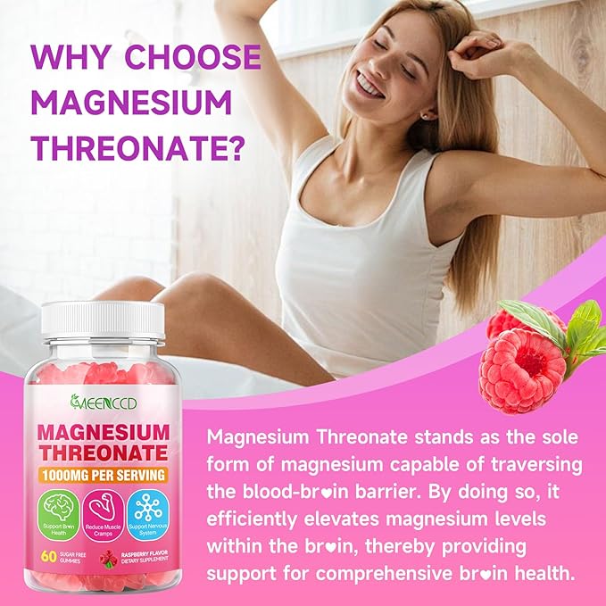 2 Pack Magnesium Threonate Gummies 1000mg, Magnesium L-Threonate Supplement for Kids & Adults, Muscle & Nervous System Support, Non-GMO, Sugar-Free, Raspberry Flavor, 120 Count