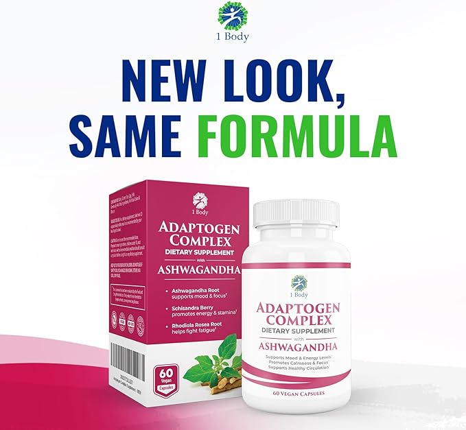 1 Body Ashwagandha Complex Supplement, Focus and Energy Support, 120 Vegan Capsules