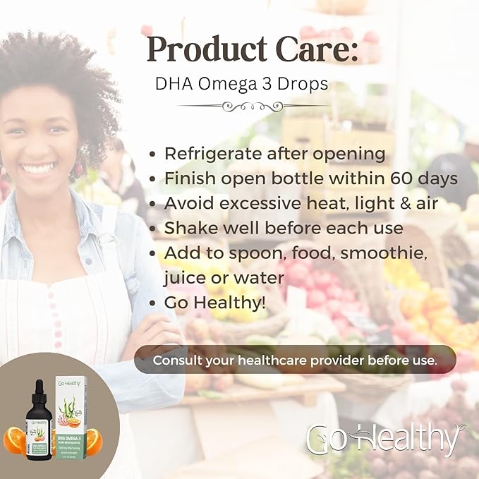 Go Healthy DHA Omega 3 Supplement Liquid Drops for Kids, Children, Infants & Adults - Vegan Omega 3 Fish Oil Alternative, Orange Flavor, 30,000 mg DHA per Bottle 30-120 Servings