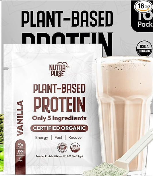 Organic Vegan Protein Powder | 20g Plant-Based Protein, Gluten-Free, Dairy-Free, Non-GMO | Vanilla Flavor | Perfect for Smoothies, Shakes, Muscle Recovery & Meal Replacement | 16 Packets