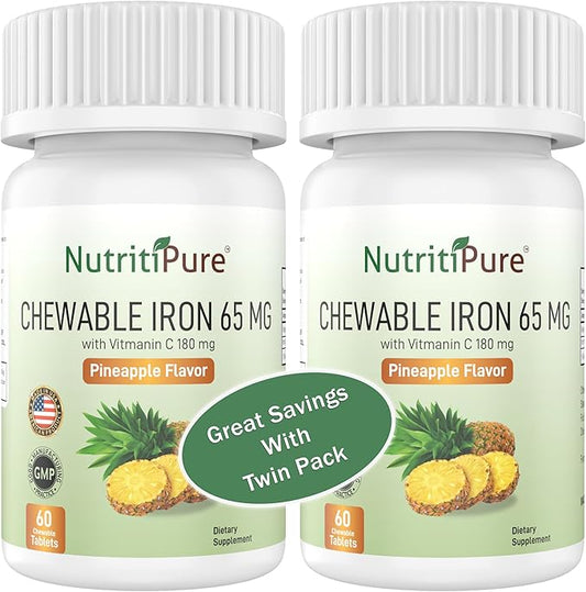 Chewable Iron 65 mg with Vitamin C 180 mg - Tablet in Pineapple Flavor 60 Count (2)