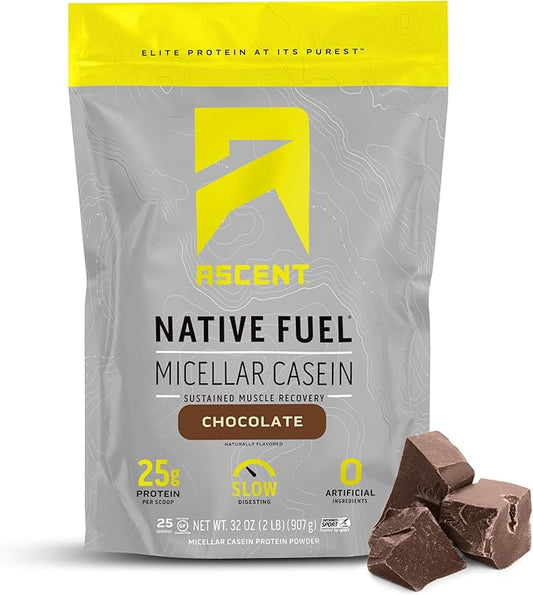 Ascent Casein Protein Powder - 25g Micellar Casein Powder with Zero Artificial Flavors & Sweeteners, Gluten-Free, No Added Sugar, 4.9g BCAA, 2.2g Leucine - Chocolate, 2 Pounds