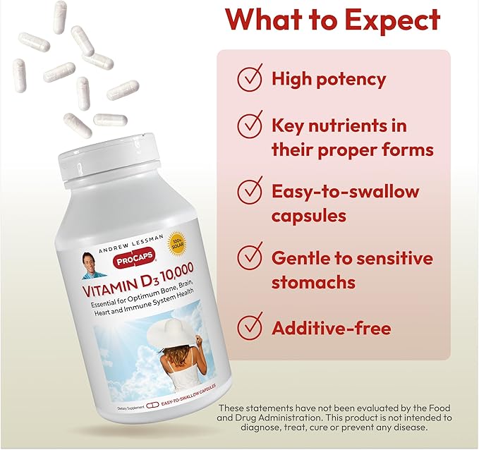ANDREW LESSMAN Vitamin D3 10,000 IU 180 Capsules - High Potency, Essential for Calcium Absorption, Supports Bone Health, Healthy Muscle Function, Immune System, More. Small Easy to Swallow Capsules