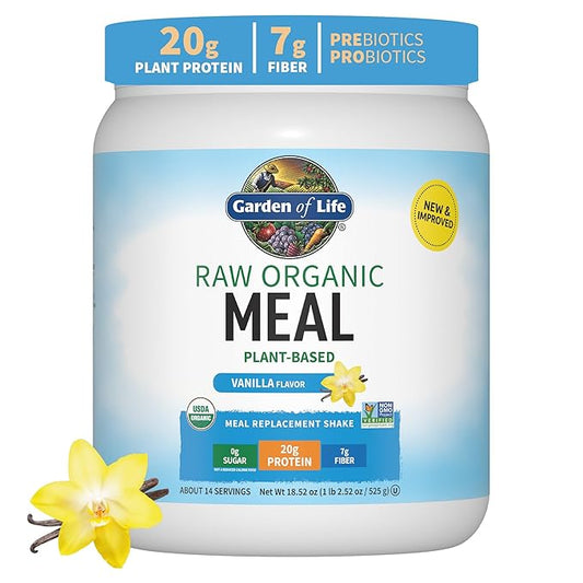 Garden of Life Meal Replacement Shakes, Vegan Protein Powder, Raw Organic Protein Powder, Vanilla Protein Powder with Plant Based Pea Protein, Sprouts, Greens, Probiotics, Dairy Free 14 Servings