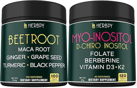 Bundle 6in1 Beet Root Supplements 100 Count & 6in1 Myo-inositol & D-Chiro Inositol Supplement for Women 120 Count - for Immune, Heart Health & Overall Health