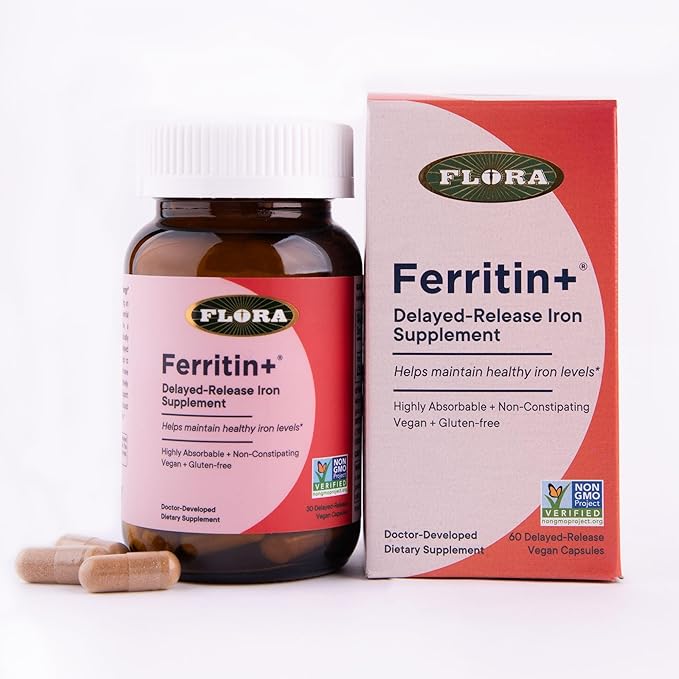 Flora Ferritin+ Delayed-Release Iron Supplement - Plant-Based Iron Supplement - Blood Cell & Energy Support - Vegan & Gluten-Free - Amber Glass Bottle - 30 Vegan Capsules