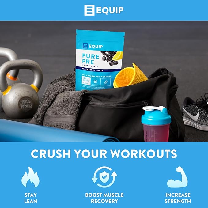 Equip Foods Pure Pre All Natural Pre-Workout Powder | Caffeine Free, EAA, Vitamin C, B6, B12, L-carnitine, Agnine | Naturally Boosts Workouts | 30 Servings, BlackBerry Lemon Decaffeinated