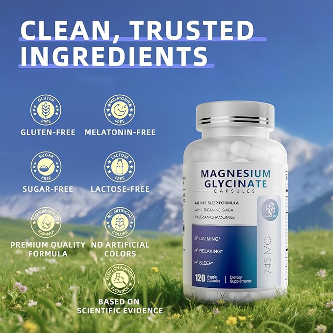 Magnesium Glycinate 850mg Capsules with L-Theanine, Chamomile & GABA for Sleep, Calmness, Muscle, Bone Health & Immune Support, Magnesium for Women and Men, Vegan, High-Absorption, 120 Count