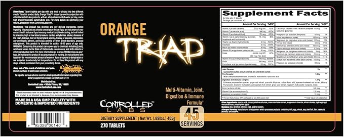 CONTROLLED LABS Orange Triad Daily Multivitamin, Iron Free Sports Supplement for Workout, Digestion, Immune, and Joints, 45 serv - Tablets