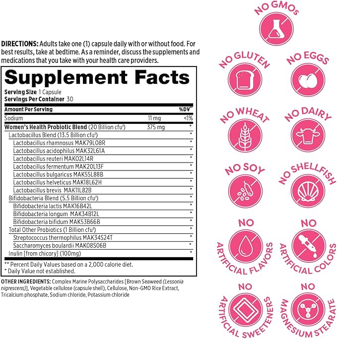 Probulin Women’s Health Probiotic + Prebiotic for Vaginal, Gut & Immune Health - 20 Billion CFU - 12 Probiotic Strains, 30 Vegan Capsules