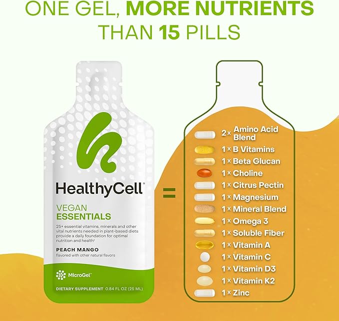 HealthyCell Vegan Essentials Daily Liquid Multivitamin Supplement with Iron and Choline – 25+ Essential Vitamins, Minerals & Nutrients for Brain & Heart Health, Immune Support & Energy - 30 Gel Packs