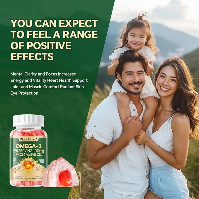 Vegan Omega 3 Gummies 1200mg - Dual Layer - Fish Oil Alternative, Marine Algae Omega 3 Supplement DHA 600mg, EPA 400mg with Astaxanthin,Sugar Free,60 Cts