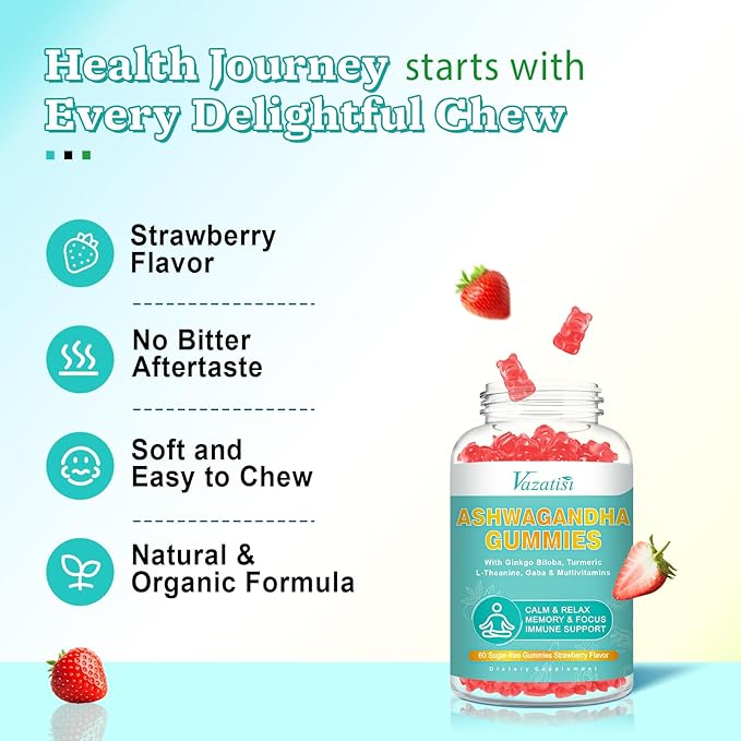 Ashwagandha Gummies with Turmeric GABA Mood Energy and Immune Support, Strawberry Flavor 60 Cts