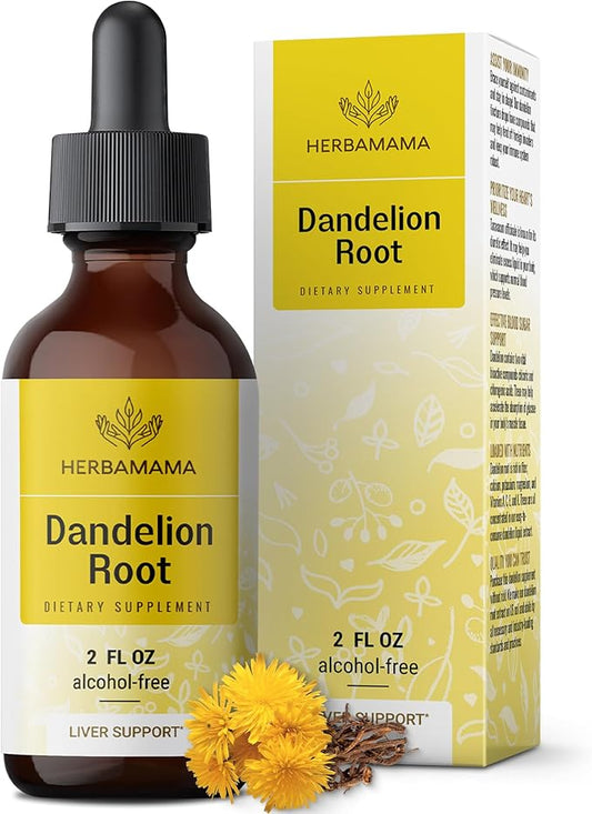 HERBAMAMA Dandelion Root Extract - Dandelion Tincture Vegan Liver Support Supplements - Dandelion Root Liver and Kidney Detox Drops - Alcohol & Sugar-Free, 28-Day Supply
