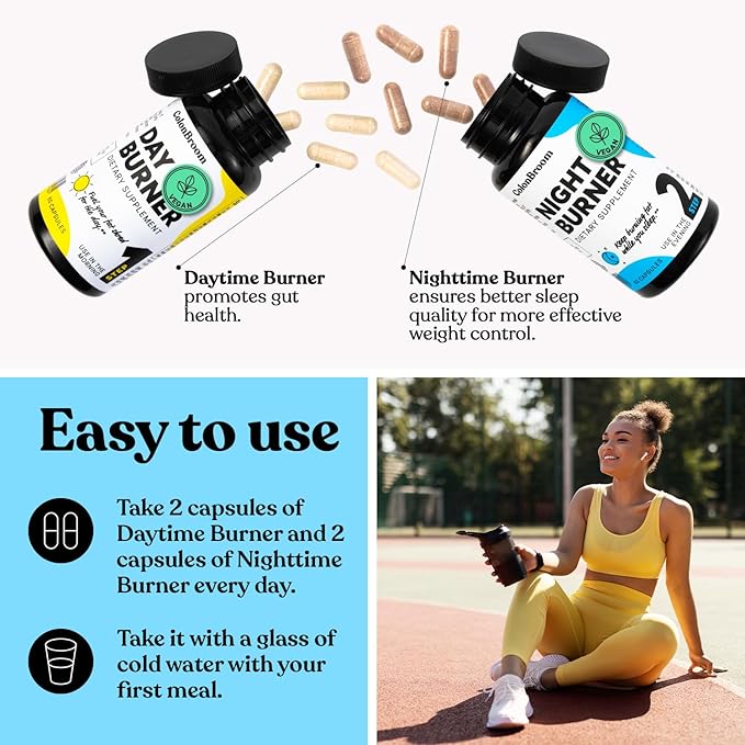 ColonBroom Day & Night Burner Supplements, Pills for Women/Men with Inulin, L-carnitine, Coenzyme Q 10, Grain of Paradise and More, Colon Broom 60 Vegan Capsules Per Container