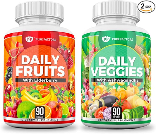 Daily Fruits & Veggies Supplement - Superfood Ashwagandha, Elderberry, Fruit & Vegetable Blend | Immunity & Health Support for Men & Women | 90 Capsules | 2-Pack