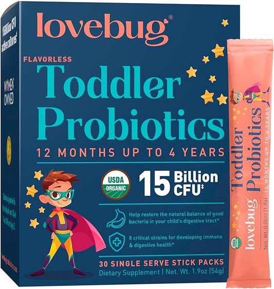 LOVEBUG Award Winning Probiotics | Constipation & Stomach Discomfort | Softer Bowel Movements | Easy-to-Take Powder | Ages 12 Months to 4 Years | 30 Packets