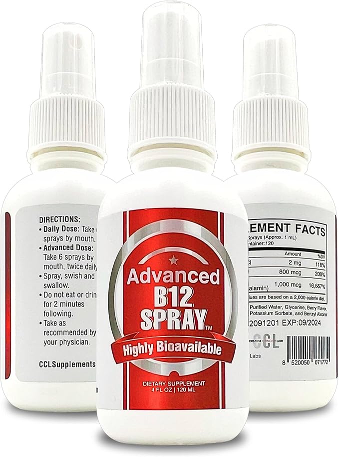 Vitamin B12 Energy Spray, Methylcobalamin with Folic Acid Sublingual Liquid Complex for Focus, & Metabolism, Nano Technology Instant Absorption and Custom Dosage (4 oz - 120 Servings)