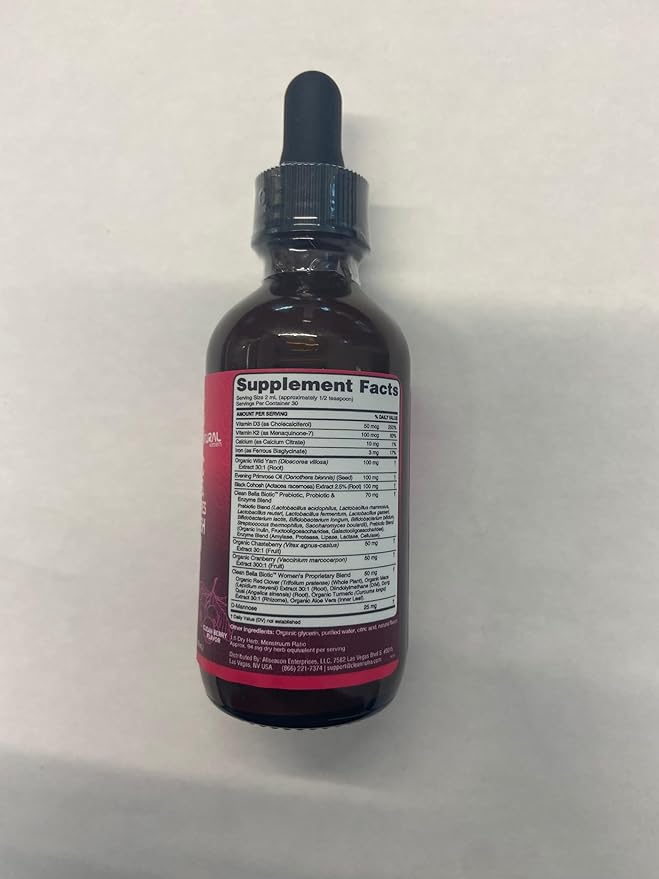 Liquid Probiotics for Women Drops with Chasteberry, Black Cohosh, Prebiotics, Digestive Enzymes, Evening Primrose Oil, Wild Yam, Cranberry Dmannose and Iron Vitamin D3 K2 Clean Nutra Bella Biotics (2)