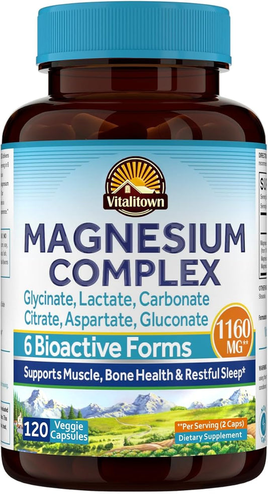 Vitalitown 6-In-1 Magnesium Complex 1160mg Per Serving, Magnesium Glycinate, Citrate, Carbonate, Aspartate, Gluconate & Lactate, High Absorption, Bone, Muscle, Sleep & Digestive Health, 120 Vegan Caps
