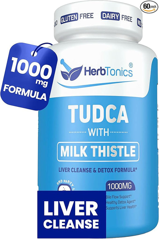Herbtonics TUDCA & Milk Thistle 1000mg | Liver Cleanse, Detox & Repair Supplement | Bile Salts for Gallbladder Support & Liver Health | Pterostilbene Enhanced Tudca Supplement | 60 Vegan Capsules