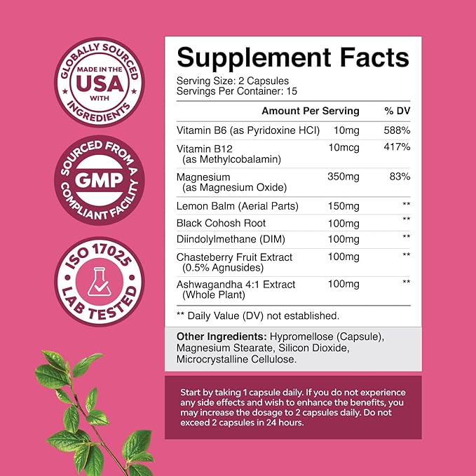 PMS Support Supplement for Women – Hormone Balance for Women & Menstrual Ease with DIM, Chasteberry, Black Cohosh & Ashwagandha - for Period Cramps Ease, Menopause Bloating, Mood Swing – 30 Ct