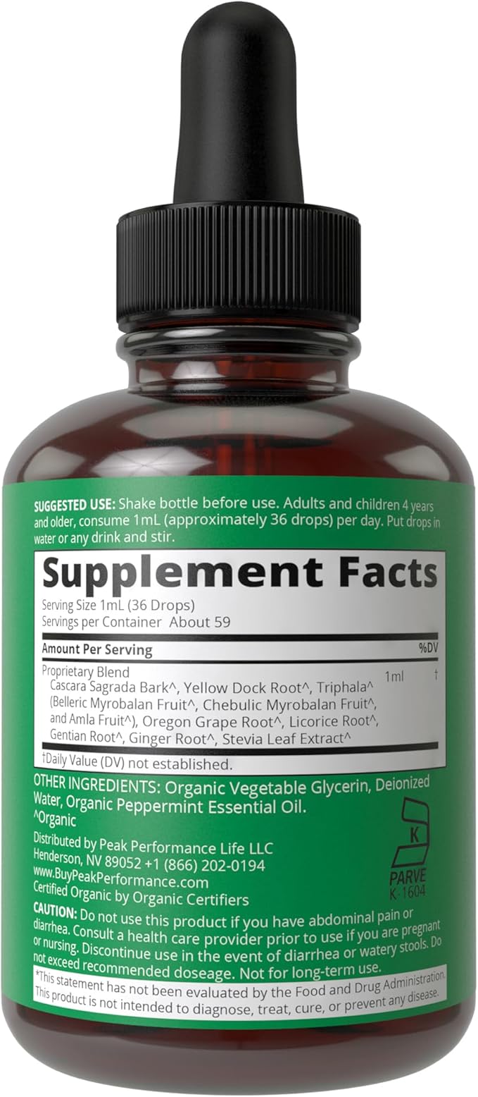 USDA Organic Colon Cleanse Liquid Drops. Vegan, Kosher Colon Cleanser & Detox Supplement with 10+ Super Gentle Herbal Ingredients Including Organic Cascara Sagrada Bark and Organic Yellow Dock Root