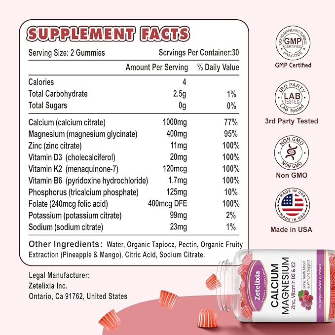 Calcium Gummies, Calcium Magnesium Zinc with Vitamin D3 & K2, Calcium Magnesium Supplement for B0nes Muscles, Grape Flavor - 60 Count