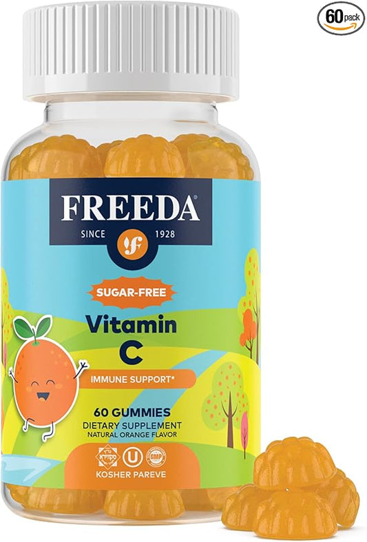 FREEDA Vitamin C Kids Vitamin C Gummies - Kids Sugar Free VIT C Gummy Chewable for Adults, Teens & Children - Certified Kosher, Delicious Orange Flavor, Zero Sugar Immune Support Supplement (60 Ct)