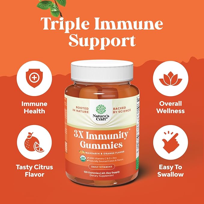Natures Craft Vegan Organic Immune Support Gummies - D3 Zinc and Vitamin C Gummies for Adults Immunity - Organic Vitamin D for Adults Immune Support Supplement Gluten Free & Non-GMO (60 Servings)