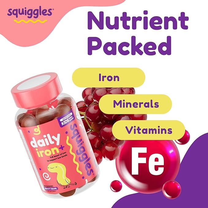 Squiggles Kids Daily Iron+ Gummies - Chewable Supplement with Iron, Multivitamin for Children, Low Sugar, Vegan, Toddler Gummies, Yummy Grape Flavor (100 Count)