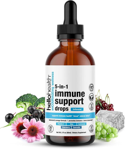 Immune Support Liquid Drops Daily 5-In-1 Immunity Vitamins – Liquid Immune Support Supplement: Quercetin, Echinacea, Elderberry with Zinc and Vitamin C for Adults Immune System Booster – 30 Day Supply