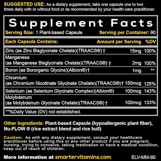 15mg Zinc Glycinate from Albion® 6 Essential Trace Bisglycinate Minerals, Manganese, Boron, Chromium, Selenium, Molybdenum Supplement, 90 Plant-Based Vegan Capsules