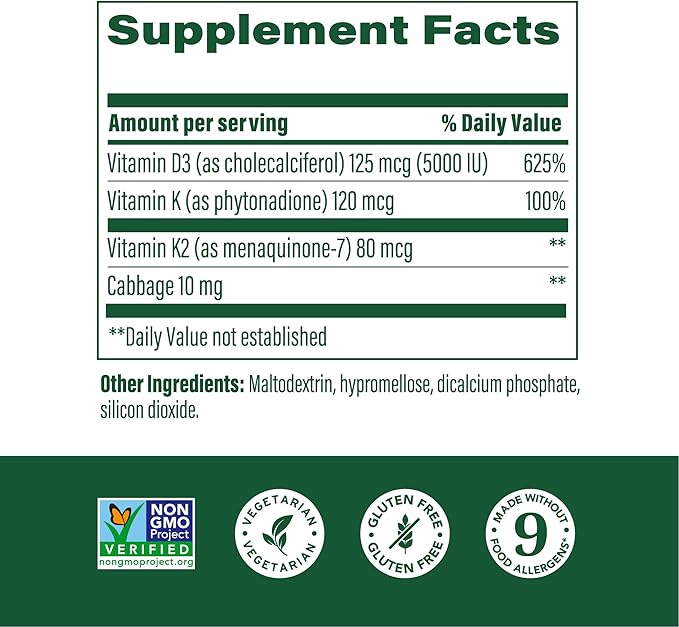 MegaFood Vitamin D3 5000 IU (125 mcg) - Vegetarian Supplements with Vitamin D3 K2 - Supports Bones, Teeth, Muscles & Immune Health - Certified Non-GMO - 120 Mini Capsules, 120 Servings