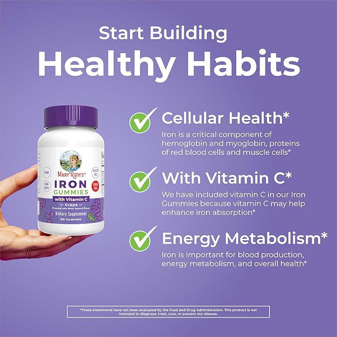 MaryRuth's Iron Gummies for Ages 14+ | with Vitamin C for Absorption | Sugar Free | Gummy Iron Supplement + VIT C | Energy Metabolism | Cellular Health | Immune Support | Vegan | Non-GMO | 60 Count