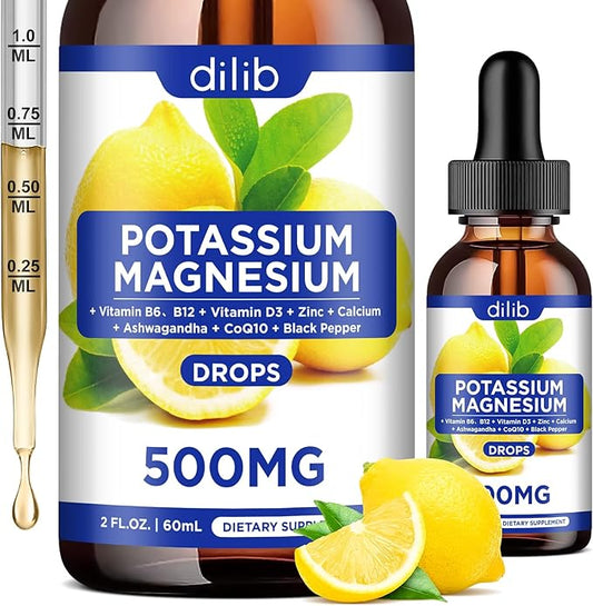 Potassium Magnesium Citrate Supplement, Liquid Magnesium Citrate Drops 500mg with Ashwagandha, Calcium, Zinc, Vitamin D3, B6, B12, CoQ10 - Vegan 2 fl oz Lemon Flavor