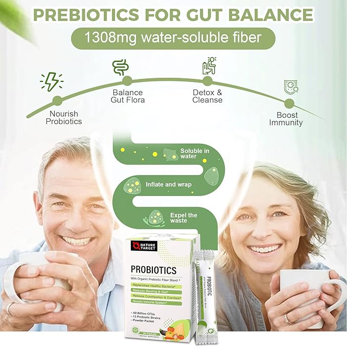 NATURE TARGET Probiotics for Women-Men-Kids Probiotic Powder 60 Billion CFUs 13 Strains - Prebiotics and Probiotics for Digestive Health, Shelf Stable, Non-GMO, Gluten Free 30 Packets