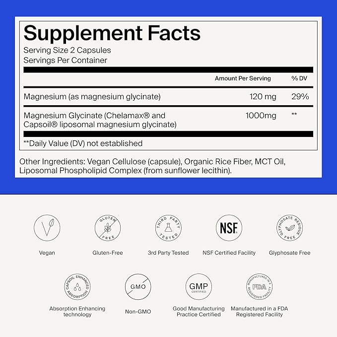 Magnesium Glycinate 1000mg - Liposomal Magnesium Bisglycinate for Max Absorption - Extra Strength to Support Body and Mind, Non-Laxative, Vegan, Gluten-Free - 60 Capsules