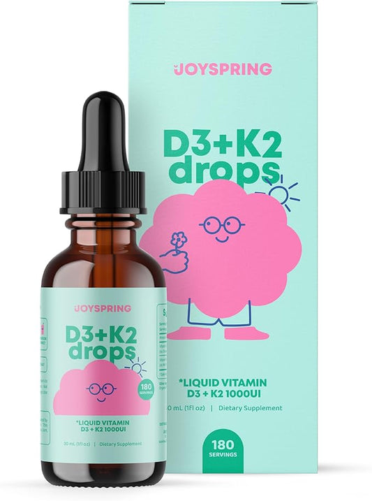 JoySpring Vitamin D3 Kids Drops with K2 – Liquid Supplement for Calcium Absorption & Joint Health – 180 Servings (1 fl oz) – Vitamin D Kids Ages 3-18