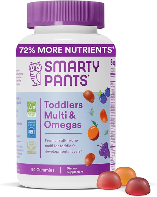 SmartyPants Toddler Multivitamin Gummies: Omega 3 Fish Oil (EPA/DHA), Vitamin D3, C, Vitamin B12, B6, A, K & Zinc, Biotin, Beta Carotene, Gluten Free, Three Fruit Flavors, 90 Count (30 Day Supply)