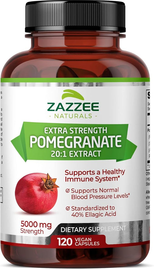 Zazzee Extra Strength Pomegranate 20:1 Extract, 5000 mg Strength, 40% Ellagic Acid, 120 Vegan Capsules, 4 Month Supply, Standardized, Concentrated 20X Extract, 100% Vegetarian, All-Natural and Non-GMO