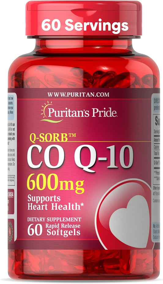 Puritan's Pride Coenzyme CoQ10 600mg, Dietary Supplement for Heart Health, Blood Pressure, Oral Gum Health, and Healthy Aging Support, 60 Day Supply, Rapid Release Softgels