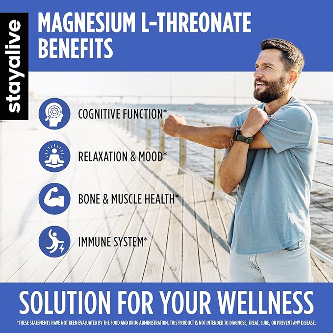 STAY ALIVE Pure Magnesium L-Threonate Supplement 2000mg, Chelated, High Absorption, 120 Capsules w/Elemental Magnesium Powder, Non-GMO & Gluten Free L-Threonate Complex for Women and Men