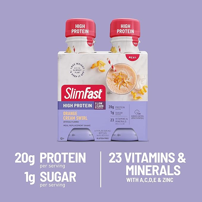 SlimFast Advanced Nutrition High Protein Meal Replacement Shake, Orange Cream Swirl, 20g of Ready to Drink Protein, 11 Fl. Oz Bottle, 4 Count (Pack of 3) (Packaging May Vary)