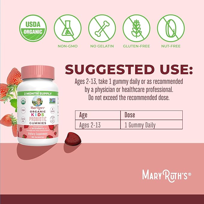 MaryRuth Organics Kids Probiotics for Digestive Health | USDA Organic Probiotic Gummies | Probiotics for Kids | Immune Support | Gut Health Supplement | Vegan | Non-GMO | Gluten Free | 60 Count
