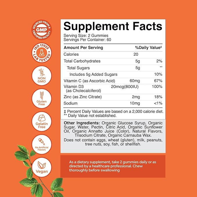 Natures Craft Vegan Organic Immune Support Gummies - D3 Zinc and Vitamin C Gummies for Adults Immunity - Organic Vitamin D for Adults Immune Support Supplement Gluten Free & Non-GMO (60 Servings)