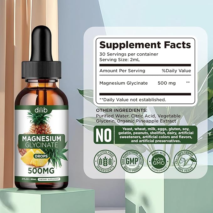 Magnesium Glycinate Supplement, Liquid Magnesium Glycinate Liquid Drops 500mg-Support Stress Relief, Relaxation, Mood, Sleep, Bone & Muscle-2 Fl Oz, Vegan, Pineapple Flavor