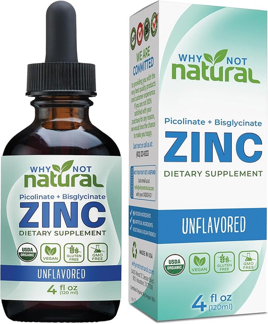 Organic Liquid Zinc Drops Supplement with Chelated Picolinate and Bisglycinate, Vegan